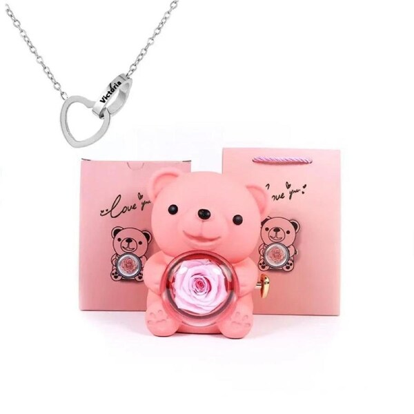 Eternal Rose Teddy Bear Gift Box With Necklace (Pink Silver)