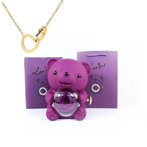 Eternal Rose Teddy Bear Gift Box With Necklace (Purple Gold)