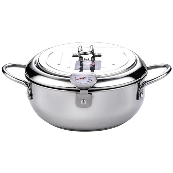 304 Stainless Steel Deep Frying Pot with Thermometer And Lid Silver