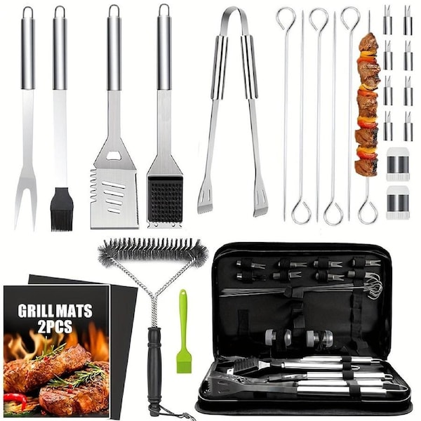 Stainless BBQ Grill Tool Set with Thermometer (26pcs)