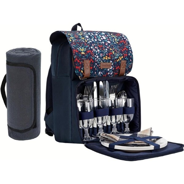 Insulated Picnic Backpack Set for 4 with Blanket