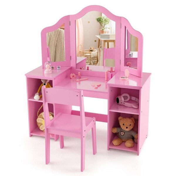Giantex 2-in-1 Princess Makeup Vanity Set Dressing Table & Chair Set w/Tri-Folding Mirror