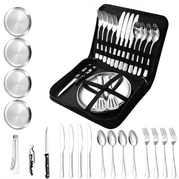 20-Piece Steel Outdoor Camping Cutlery Set Silver
