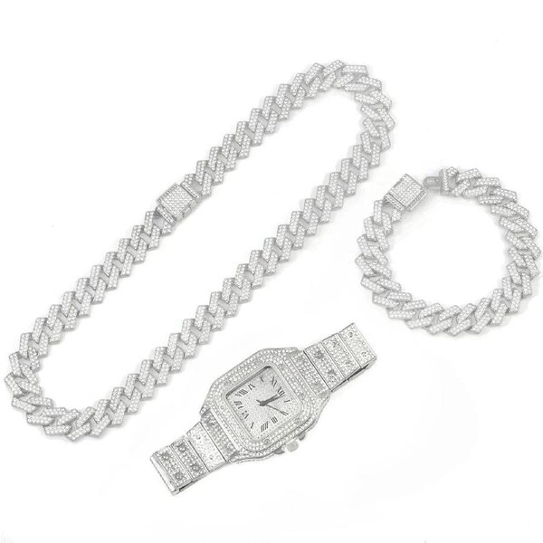 3pcs Men's Watch Set Square Watch Cuban Chain Bracelet (Silver)