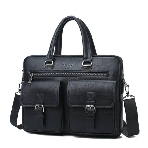 Men's Split Leather Business Briefcase Bag Set (Black 8006)