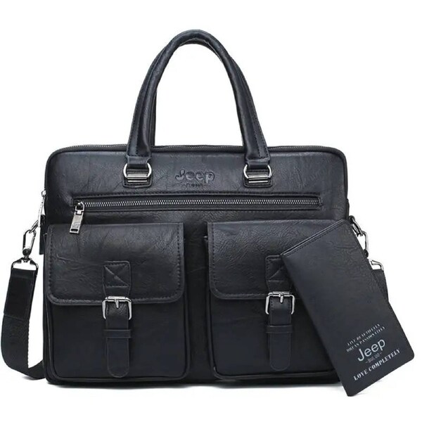 Men's Split Leather Business Briefcase Bag Set (Black 8006-8888)