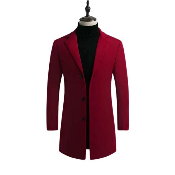 Men's Cotton Wool Blend Long Windbreaker Coat (Black Red)