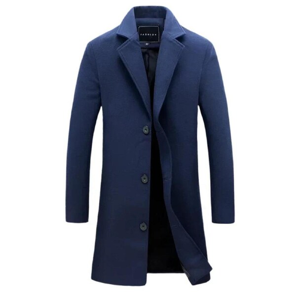 Men's Cotton Wool Blend Long Windbreaker Coat (Black Navy)