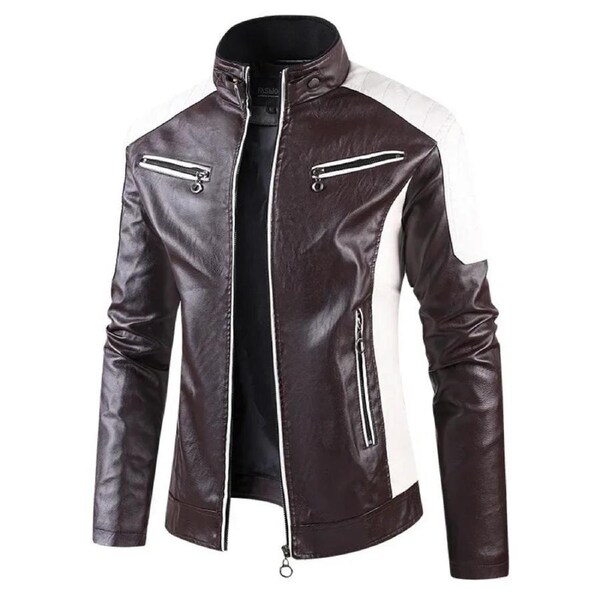 Men Slim Fit PU Moto Leather Jacket (Brown)