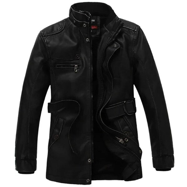 Mens PU Leather Fleece Lined Winter Jacket (Black thin)