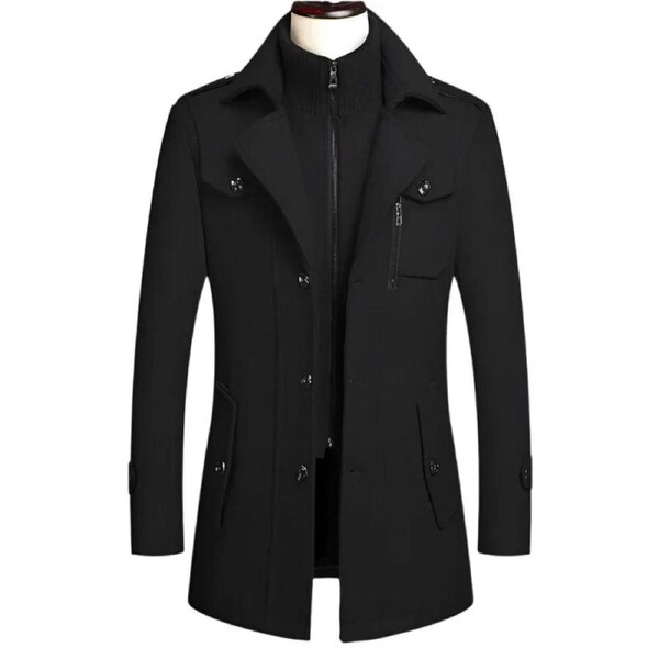 Men's Double Collar Wool Business Coat Winter (Black)