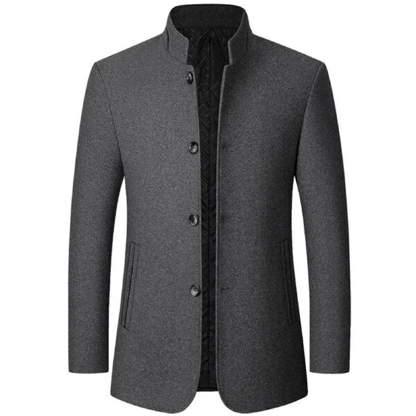 Mens Winter Wool Coat Stand Collar Business Jacket (Gray)