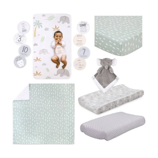7pc Little Haven Elephant Unisex Themed Baby Cot Bedding Bundle Green