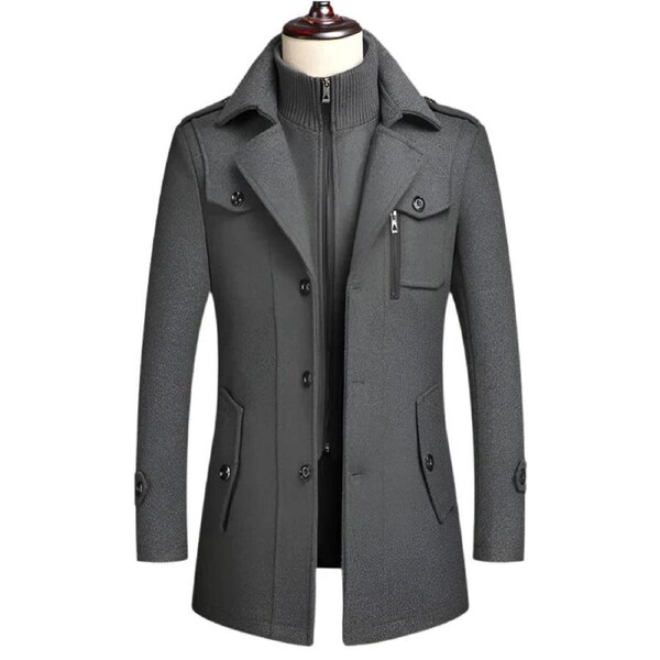 Men's Double Collar Wool Business Coat Winter (Gray)
