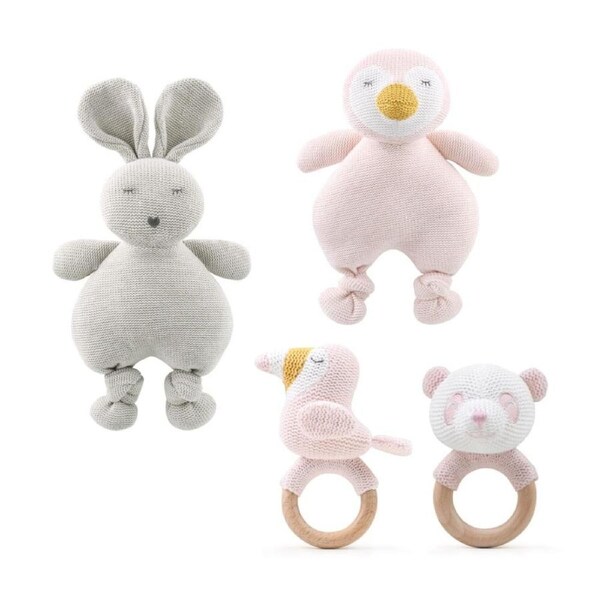 8pc The Peanutshell Side Sleeper Baby Boy Bedding Bundle & Plush Toys Grey/Pink