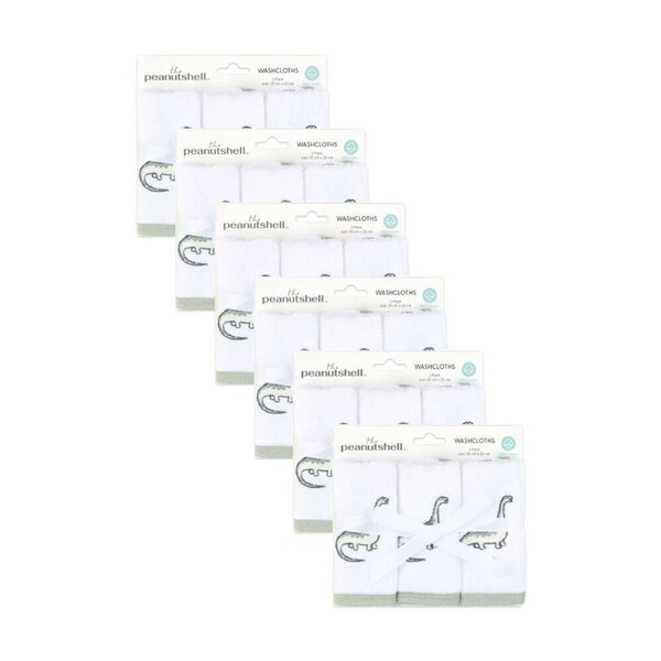 6x 3Pc The Peanutshell Dinosaur Childrens/Baby Washcloths 100% Cotton Green