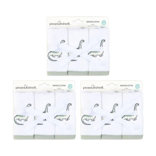 3x 3Pc The Peanutshell Dinosaur Childrens/Baby Washcloths 100% Cotton Green