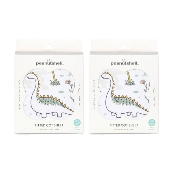 2PK The Peanutshell 100% Jersey Cotton Dinosaur Cot Fitted Sheet 77x135cm
