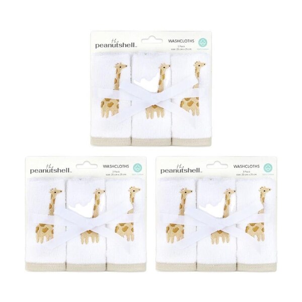 3x 3Pc The Peanutshell Safari Dreams Giraffe Childrens Washcloths 100% Cotton