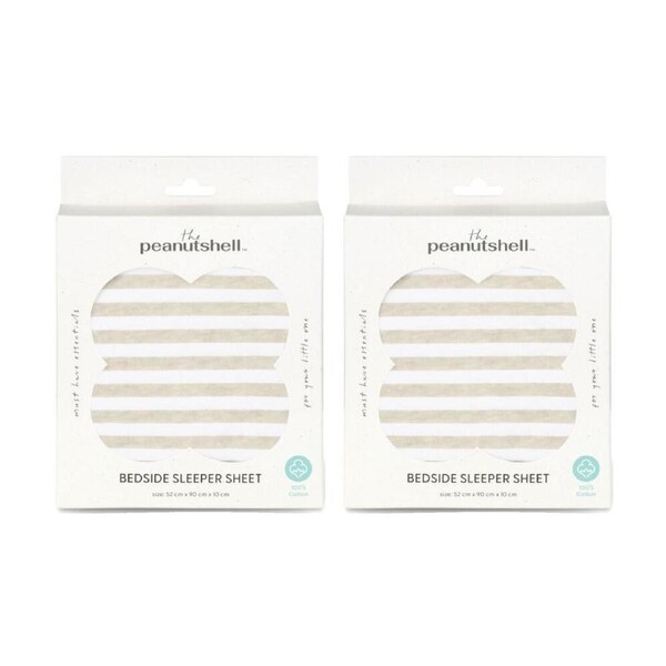 2PK The Peanutshell Safari Dreams Side Sleeper Cot Sheet 52x90cm Tan Stripe