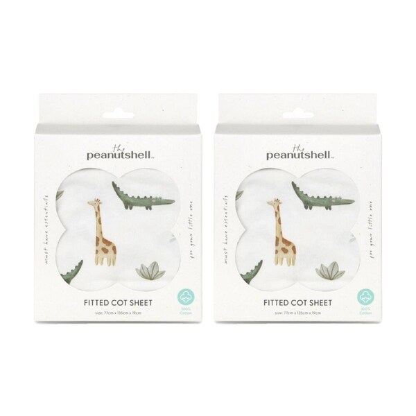 2PK The Peanutshell 100% Jersey Cotton Safari Dreams Cot Fitted Sheet 77x135cm