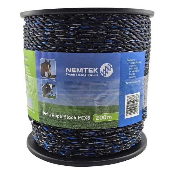 Nemtek 200m 6mm MIX6 Electric Fence Poly Rope - Black - AW-PRBMIX6/200B