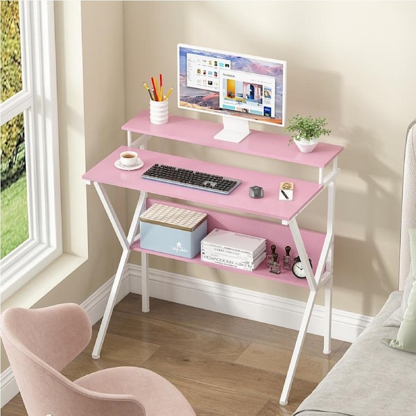 Advwin 80cm Small Computer Desk with Adjustable Monitor Stand Writing Table with Shelf Home Officer Desk Pink