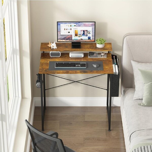 Advwin 80cm Small Computer Desk with Adjustable Monitor Stand and Storage Bag Writing Table with Hooks Home Officer Desk