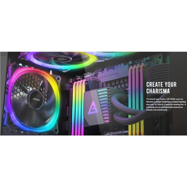 Antec Fusion 3x 120mm ARGB PWM HB Fan + ARGB Controller, 57.93 CFM, AP 2.11, Noise Level 31.21. Woven Cable, PMW Daisy Chain design, 3 Yrs Wty