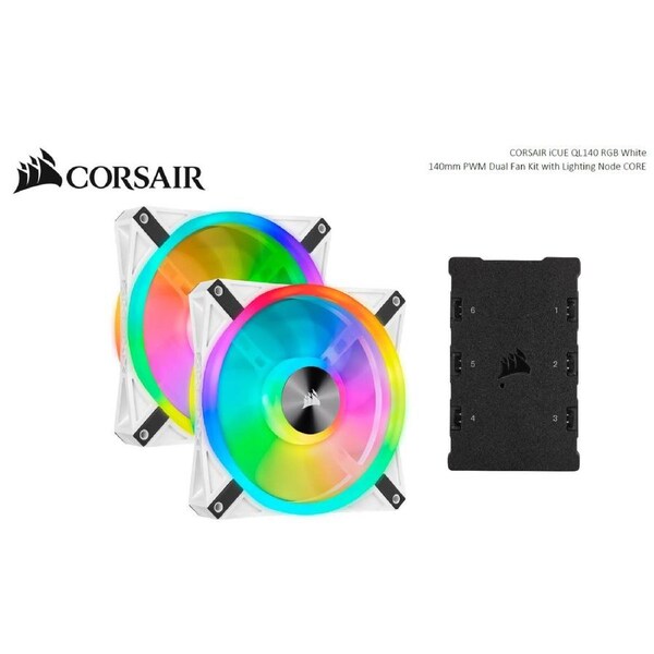 Corsair QL140 RGB White Dual Fan Kit with Lighting Node Core, ICUE, 140mm RGB LED PWM Fan 26dBA, 50.2 CFM, 2 Fan Pack