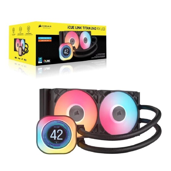 Corsair iCUE LINK TITAN 240 RX LCD Liquid CPU Cooler - Black: 73.5 CFM, 2100 RPM, 36 dBA, Aluminum Radiator, Copper Cold Plate, Intel/AMD Support