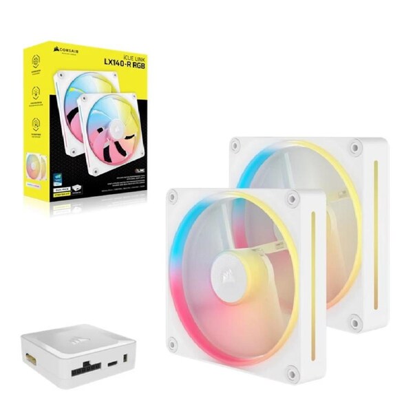 Corsair iCUE LINK LX140-R RGB 140mm PWM Reverse Fans Starter Kit Dual Pack -White: 90.6 CFM, 2000 RPM, 38.3 dBA, 0.45A, Static Pressure, Magnetic Dome