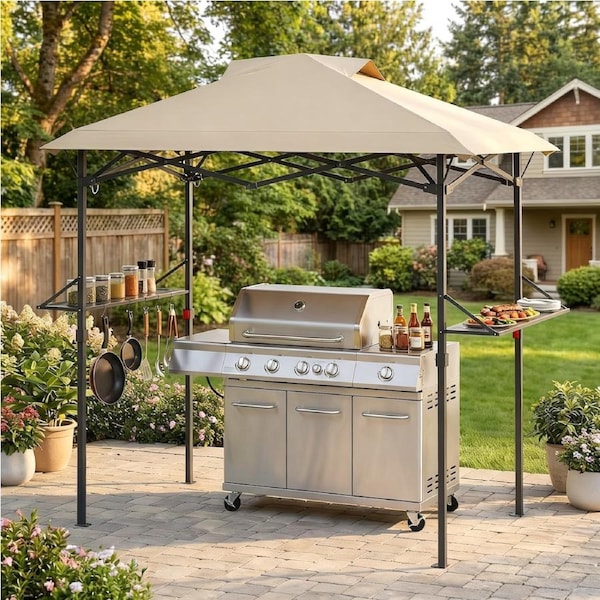 Advwin Grill BBQ Gazebo, Outdoor Foldable Patio Canopy Tent with 2 Side Shelves, Double Tiered Vented, Heavy Duty Steel Frame