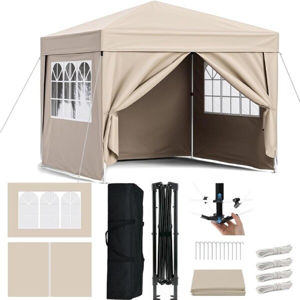 Advwin Gazebo Marquee 3*3m, Folding Pop-up Canopy with Sidewalls, Adjustable Height, Camping Shelter Shade, Beige