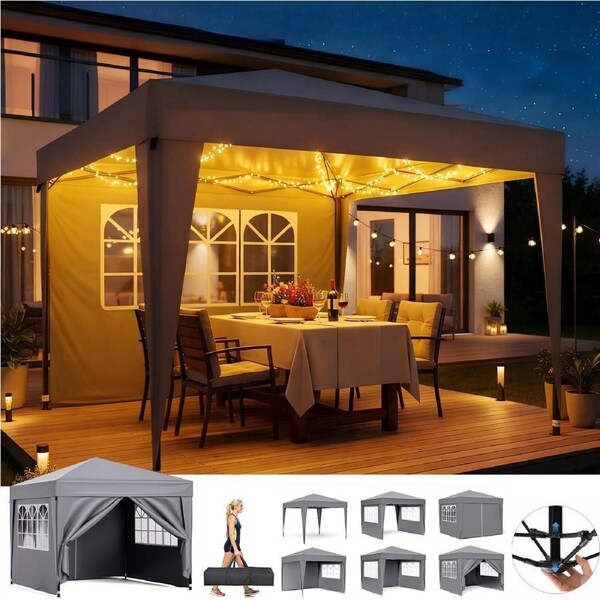 Advwin Gazebo Marquee 3*3m, Folding Pop-up Canopy with Sidewalls, Adjustable Height, Camping Shelter Shade, Gray