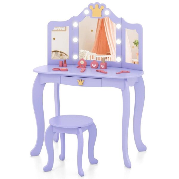 Babyjoy Princess Makeup Dressing Table & Stool Writing Table Vanity Set w/3 Folding Lighted Mirror