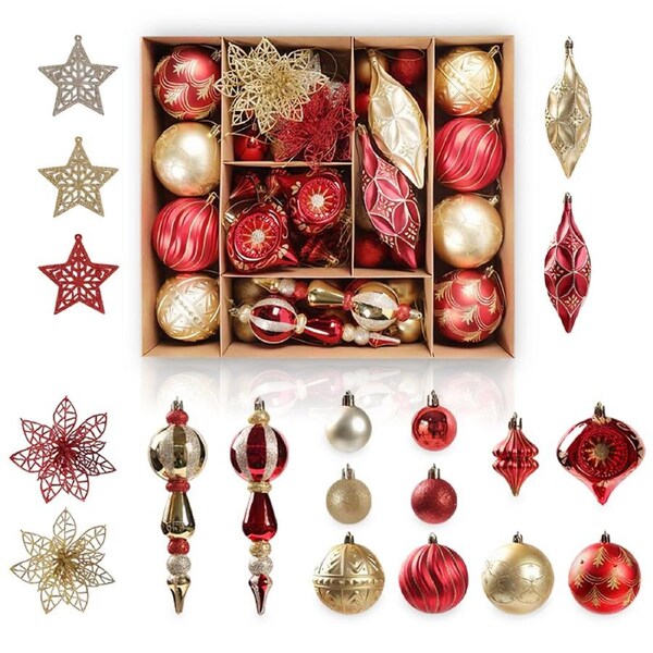 Nevenka 70 Pcs Xmas Tree Ornaments Assorted Shapes -Red Gold