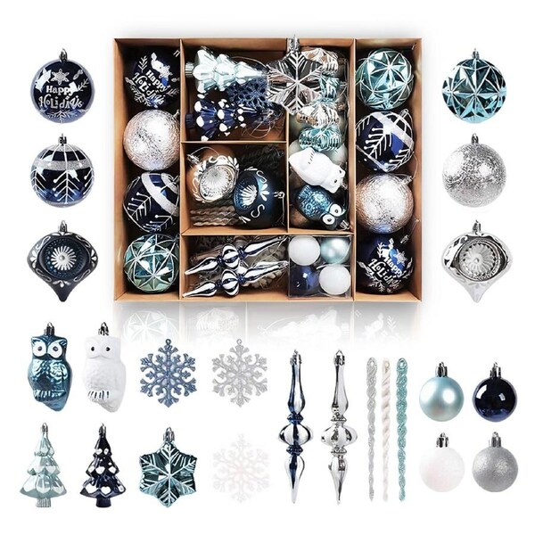Nevenka 70 Pcs Xmas Tree Ornaments Assorted Shapes -Silver Blue