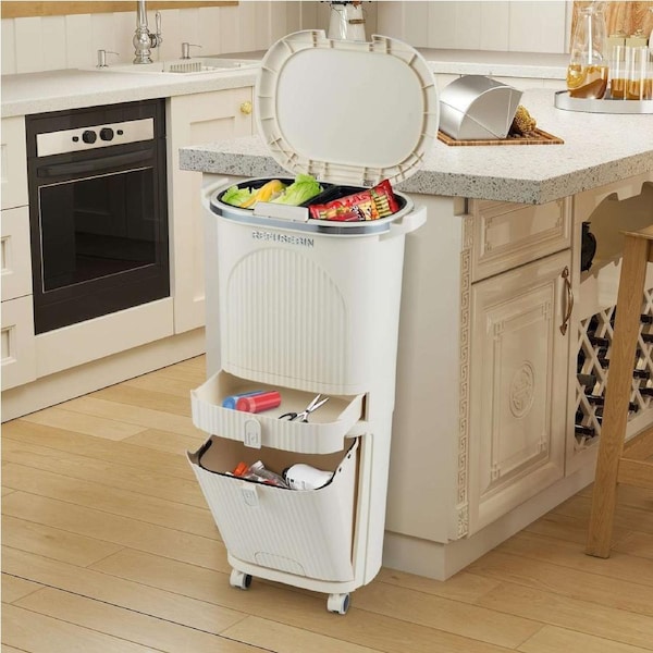 Costway 42L Kitchen Trash Can 3-Layer Sorting Rubbish Bin Garbage Container Removable Waste Buckets Step Pedal Wheels
