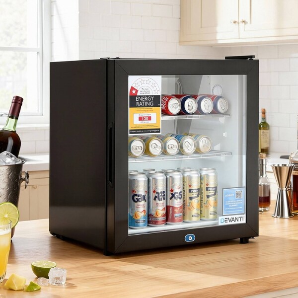 Devanti 40L Bar Fridge Glass Door Mini Fridge Countertop Cooler Black