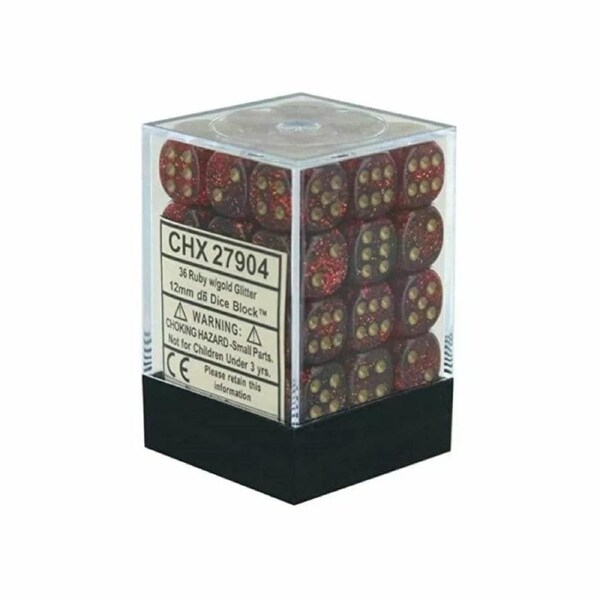 Dice - Chessex 12mm 36 D6 - Glitter Ruby/Gold