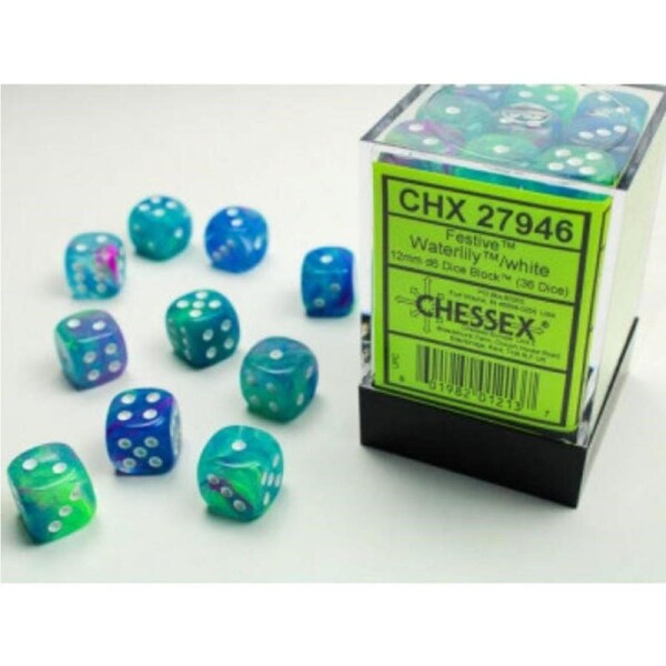 Dice - Chessex 12mm 36 D6 Festive Waterlily/White