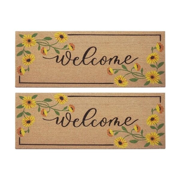 2PK Solemate Coir Backed Welcome Floral Doormat W/ Yellow Daisy Flowers 45x110cm