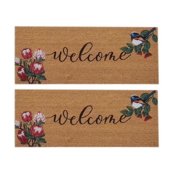 2PK Solemate Coir Backed Welcome Floral Doormat With Blue Wren Flowers 45x110cm