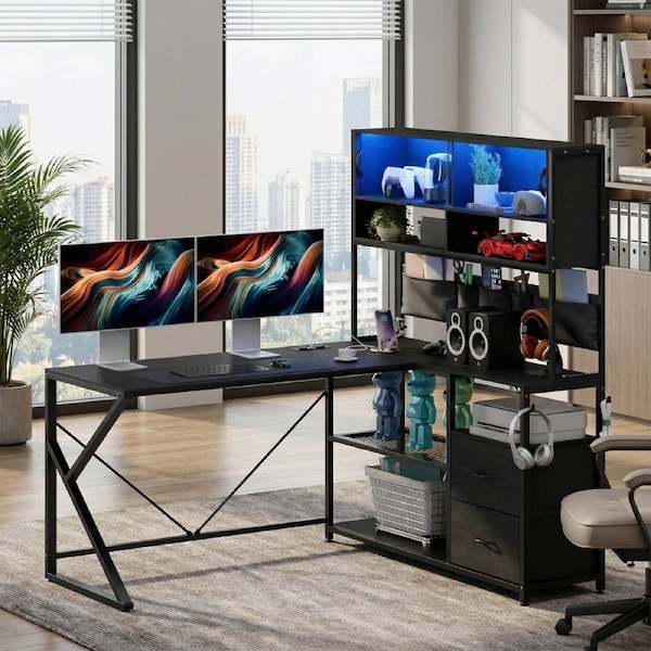 Advwin L Shaped Gaming Desk with LED Lights & Power Outlets Reversible 130cm Computer Desk with Display Cabinet and Storage Shelves, L Shaped Corner Desk with 2 Fabric Drawers and Storage Bag Black