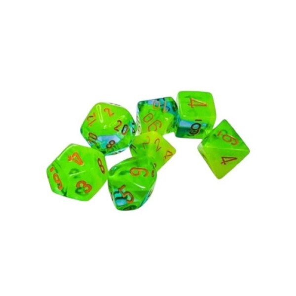 Dice - Chessex 7 Polyhedrals - Gemini Plasma Green-Teal/Orange Luminary Set