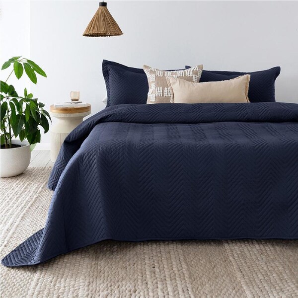 Herringbone Embossed Coverlet Set Navy Single/Double