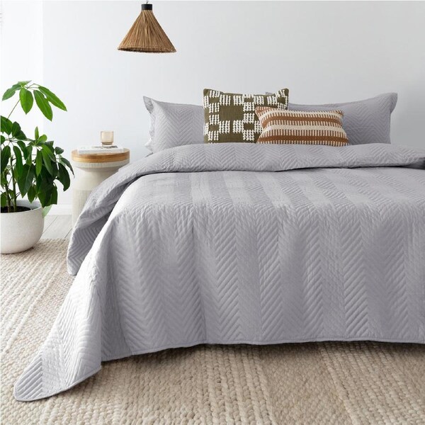 Herringbone Embossed Coverlet Set Silver Queen/King