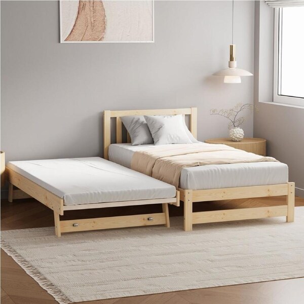 Oikiture Trundle Kids Bed Frame Single Wooden Timber Hidden Dual Beds Natural