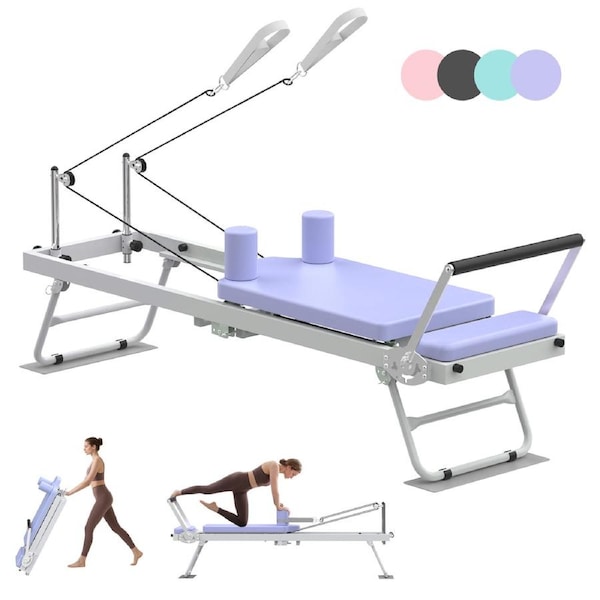 Advwin Purple Pilates Reformer Machine Foldable Pilates Exercise Equipment for Home Gym with Wheels 120kg Capacity